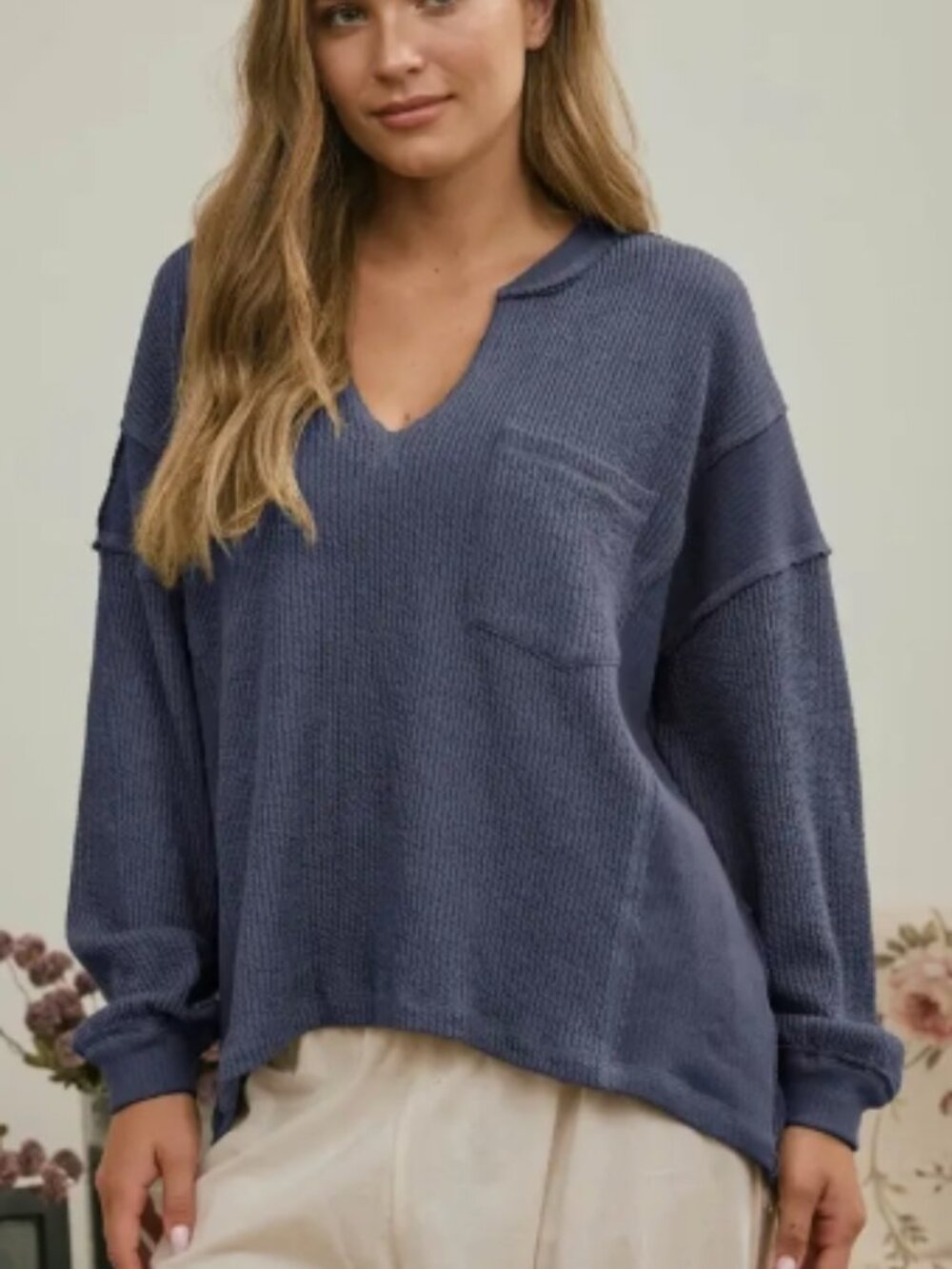Split Neck Raw Edge Long Sleeve Ribbed Knit Top
